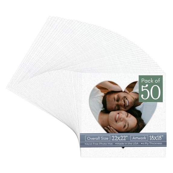 Oyster Shell White Picture Frame Mat for 22x22 Frames - Heart Opening for 18x18 Photos - 50 Mats