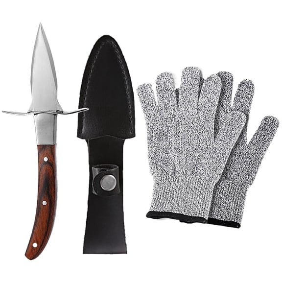 Oyster Shucking Knife Set, Stainless Steel Knife with Hand Guard, Ergonomic Wood Handle, Level 5 Cut Resistant Gloves, Protective Sheath, Portable Seafood Opener for Clams, Shellfish, Outdoor Picnics