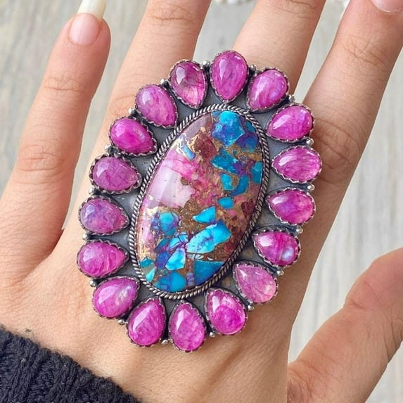 Oyster Turquoise And Ruby Statement Handcrafted Ring. made In 925 Sterling Silver. Boho Ring, Two Stone Ring, Boho Jewelry Gift For Her,...