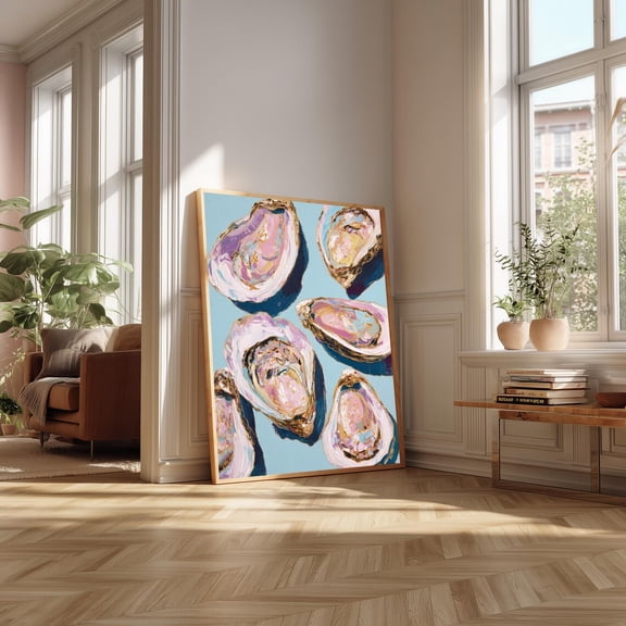 Oyster Wall Art Print, Coastal Pastel with Gold Accents, Modern Beach House Decor Poster Decor, Stretched Canvas Size 16x24 F03.1.22l1185