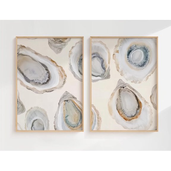 Oyster Wall Art Shell Decor Soft Coastal Beach House Dining Room Art Set 2 Unframed Paper Print 20x30