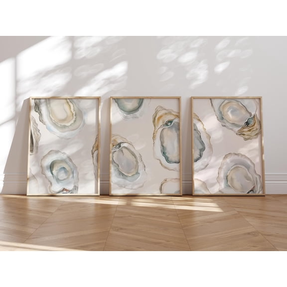 Oyster Water Color Wall Art Shell Decor Muted Coastal Beach House Kitchen Art Set 3 Unframed Paper Print 8x12