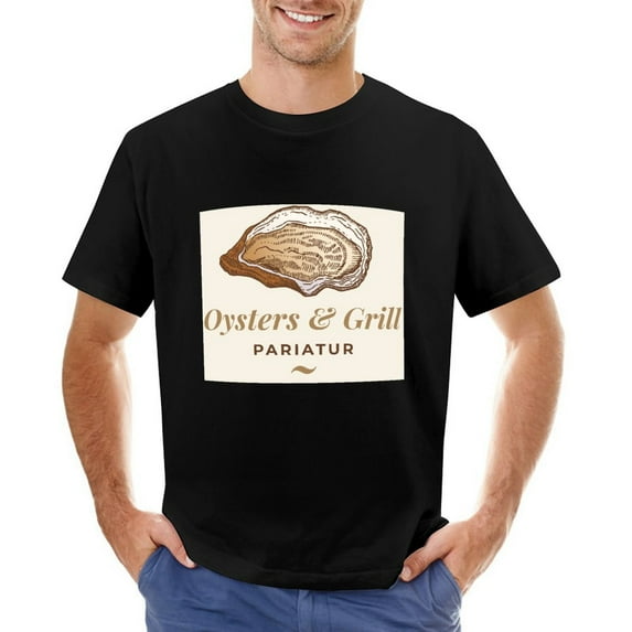 Oysters&Grill Vintage T-shirt Mens Cotton Classic Crewneck Short Sleeve Tees Unisex Black 4XL