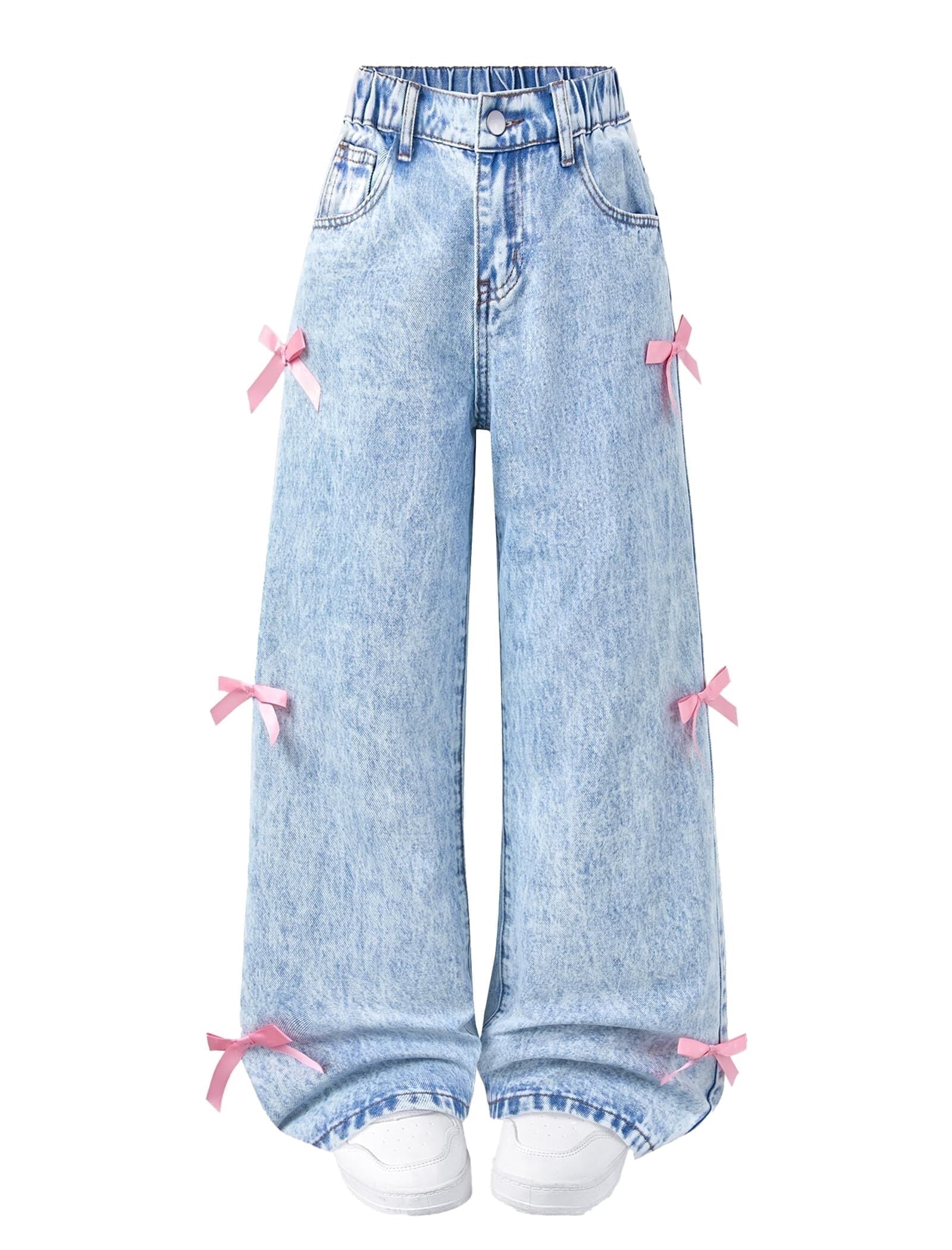 Baggy Jeans for Girls Wide Leg High Elastic Waist Adorned with Cute Bow Trendy Y2K Denim Pants Boyfriend Skater Streetwear & School