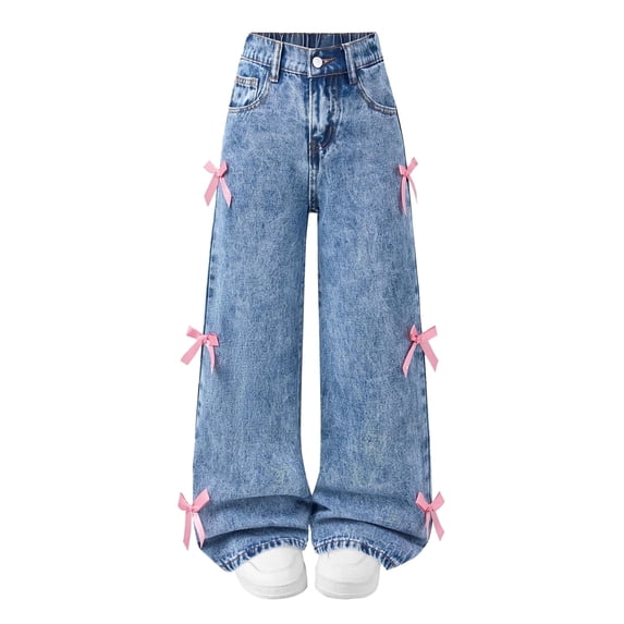 OYYN Baggy Jeans for Girls Wide Leg High Elastic Waist Adorned with Cute Bow Trendy Y2K Denim Pants Boyfriend Skater Streetwear & School