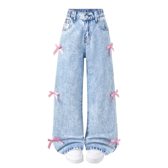 OYYN Baggy Jeans for Girls Wide Leg High Elastic Waist Adorned with Cute Bow Trendy Y2K Denim Pants Boyfriend Skater Streetwear & School