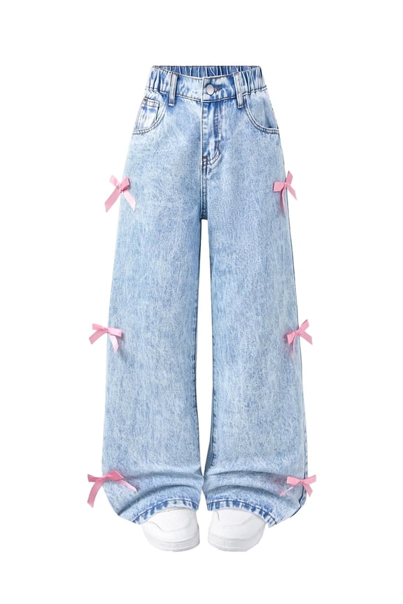 Girls Pink Bow Decor Wide Leg Jeans High Waisted Elastic Waist Baggy Denim Pants for Kids Streetwear & School