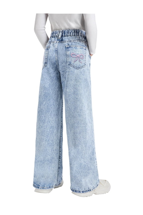 Girls Wash Bow Embroidered Wide Leg Jeans Comfortable Back to School Pants Elastic Waist Baggy Durable Play Denim Pants Y2K Jeans