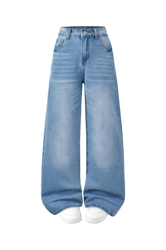 Girls Baggy Wide Leg Jean Straight Leg High Elastic Waisted Denim Pants Fashionable Y2K Boyfriend Skater Streetwear,Size7-14