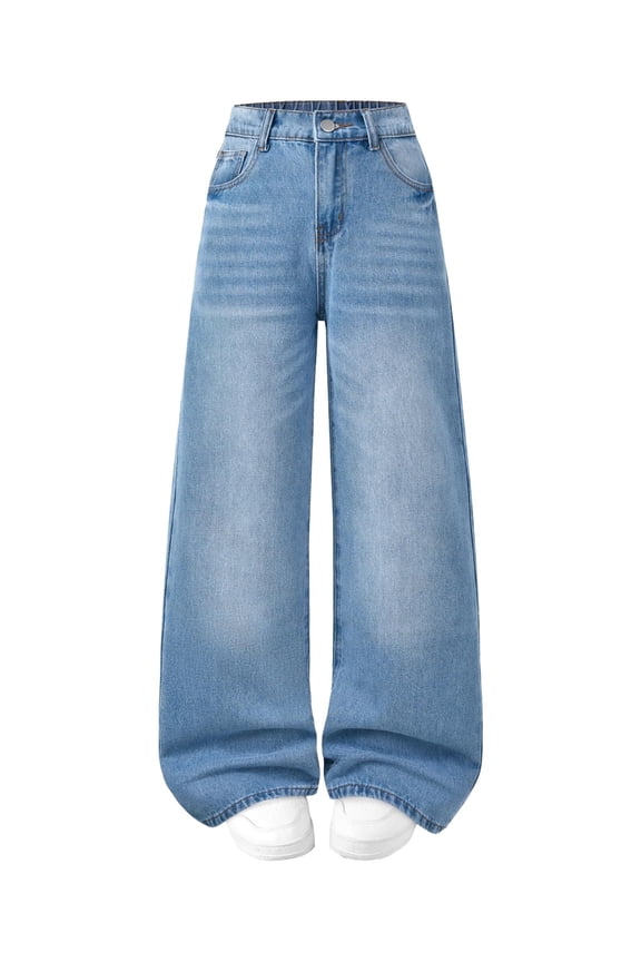 Girls Basic Wide Leg Jeans High Waisted Elastic Waist Baggy Denim Pants for Kids School & Casual Wear