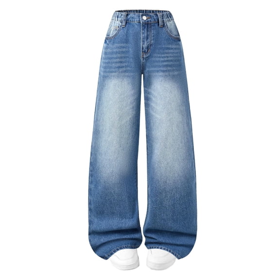 Oyyn Girls Baggy Wide Leg Jean Straight Leg High Elastic Waisted Denim Pants Fashionable Y2K Boyfriend Skater Streetwear,Size7-14