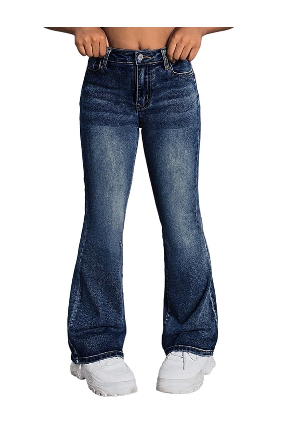 Girls' Flare Jeans High Elastic Waist Denim Pants with Bell Bottom Design Stretchy and Adorable Y2K Streetwear Featuring Pockets for Ages 7-14 Years