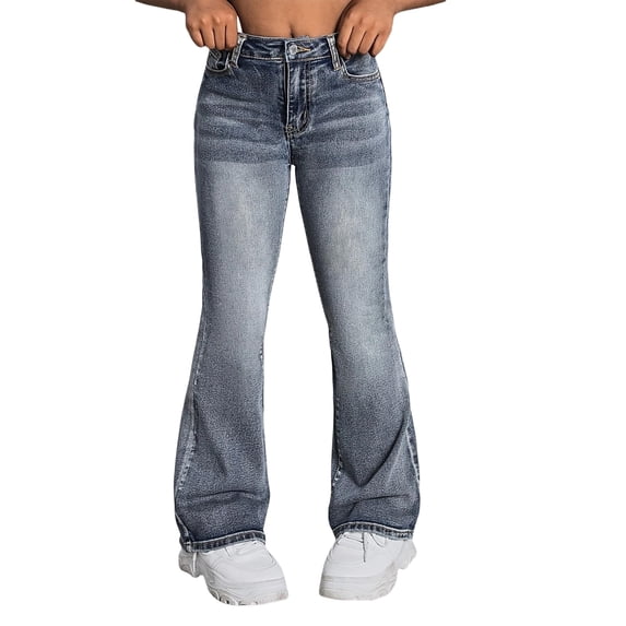 Oyyn Girls' Jeans Flare High Elastic Waist Denim Pants Bell Bottom Stretch Cute Y2K Streetwear with Pockets 7-14Y