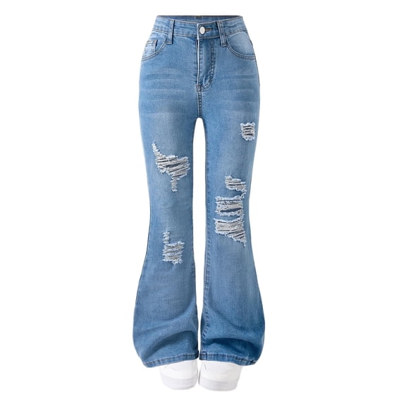 Oyyn Girls' Ripped Flare Jeans High Elastic Waist Denim Pants Bell Bottom Stretch Design Charming Y2K Streetwear with Pockets Suitable for Ages 7-14 Years