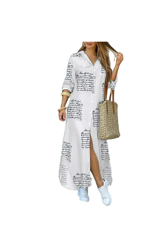 Women's Casual Button Down Shirt Dress - Long Sleeve Loose Maxi Dress for Women