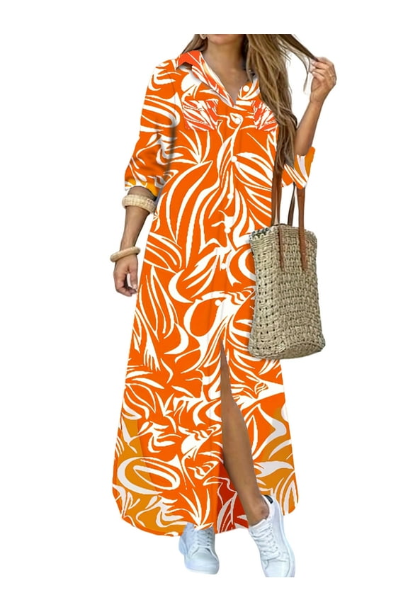 Women's Long Sleeve V-Neck Maxi Shirt Dress, Casual Elegant Fashion, 1 Count