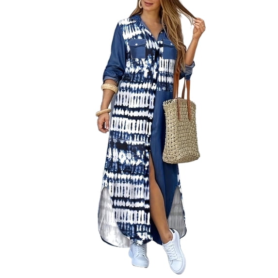 Oyyn Women's Loose Long Sleeve Shirt Dress, Casual Ankle Length Dress M