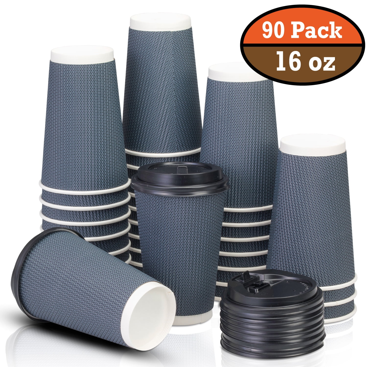 OzBSP 90 Pack 16 oz Disposable GRAY Coffee Cups with Lids - 16oz Paper ...