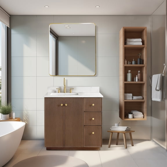 Oza 36" Bath Vanity in Aged Dark Brown Oak with Fish Maw White Quartz Stone Top