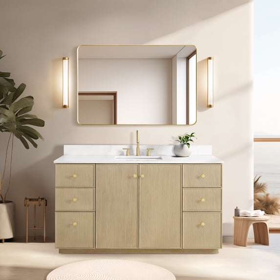 Oza 60" Single Bath Vanity in Aged Natural Oak with Fish Maw White Quartz Stone