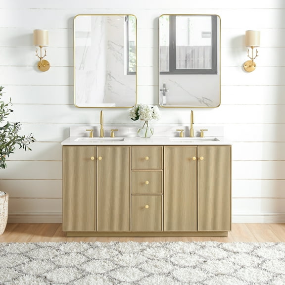 Oza 60M" Double Bath Vanity in Aged Natural Oak with Fish Maw White Quartz Stone