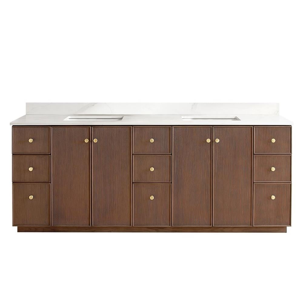 Oza 84" Double Vanity in Aged Dark Brown Oak with White Quartz Top