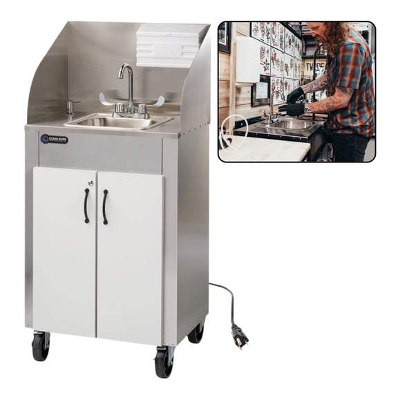 Ozark River Manufacturing Elite PRO1, White Doors-White Edges-Splashguard, NSF Certified Food Service Portable Sink Hand Wash Station, 110V