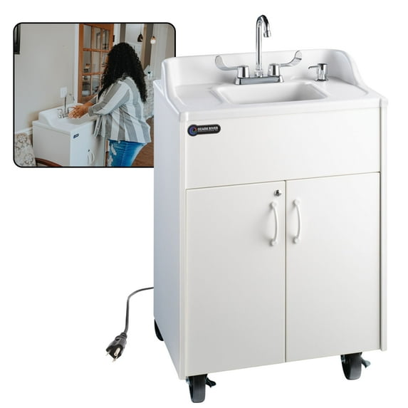 Ozark River Manufacturing Premier Brite White, Portable Sink Hand Wash Station, 110V, White Laminate Cabinet-ABS Countertop & Basin