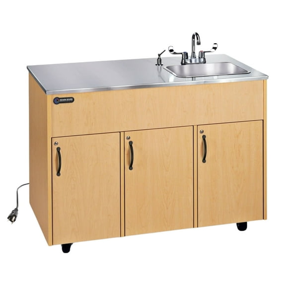 Ozark River Manufacturing, Advantage S1D, Portable Hand Wash Station, 110V,  Maple Laminate Cabinet-Stainless Countertop, Hot Water Hand Washing Station with Countertop & Storage Space