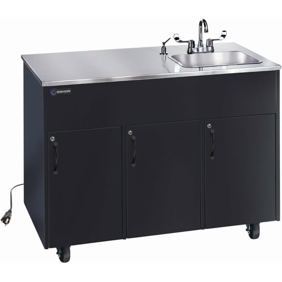 Ozark River Manufacturing, Advantage S1D, Portable Hand Wash Station, 110V, Black Laminate Cabinet-Stainless Countertop, Hot Water Hand Washing Station with Countertop & Storage Space