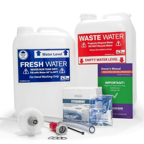 Ozark River Portable Sinks Clean Start Kit, Portable Sink Fresh and Waste Water Replacement Tanks, Water Tank Refilling Tube & Faucet Adaptor, Portable Sink Steramine Cleaner