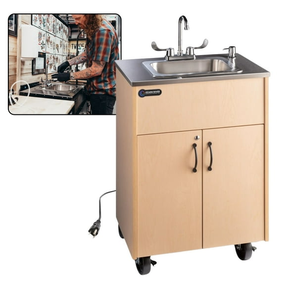 Ozark River Manufacturing Premier S1D, Portable Sink Hand Wash Station, 110V, Deep Stainless Sink Basin-Maple Laminate Cabinet
