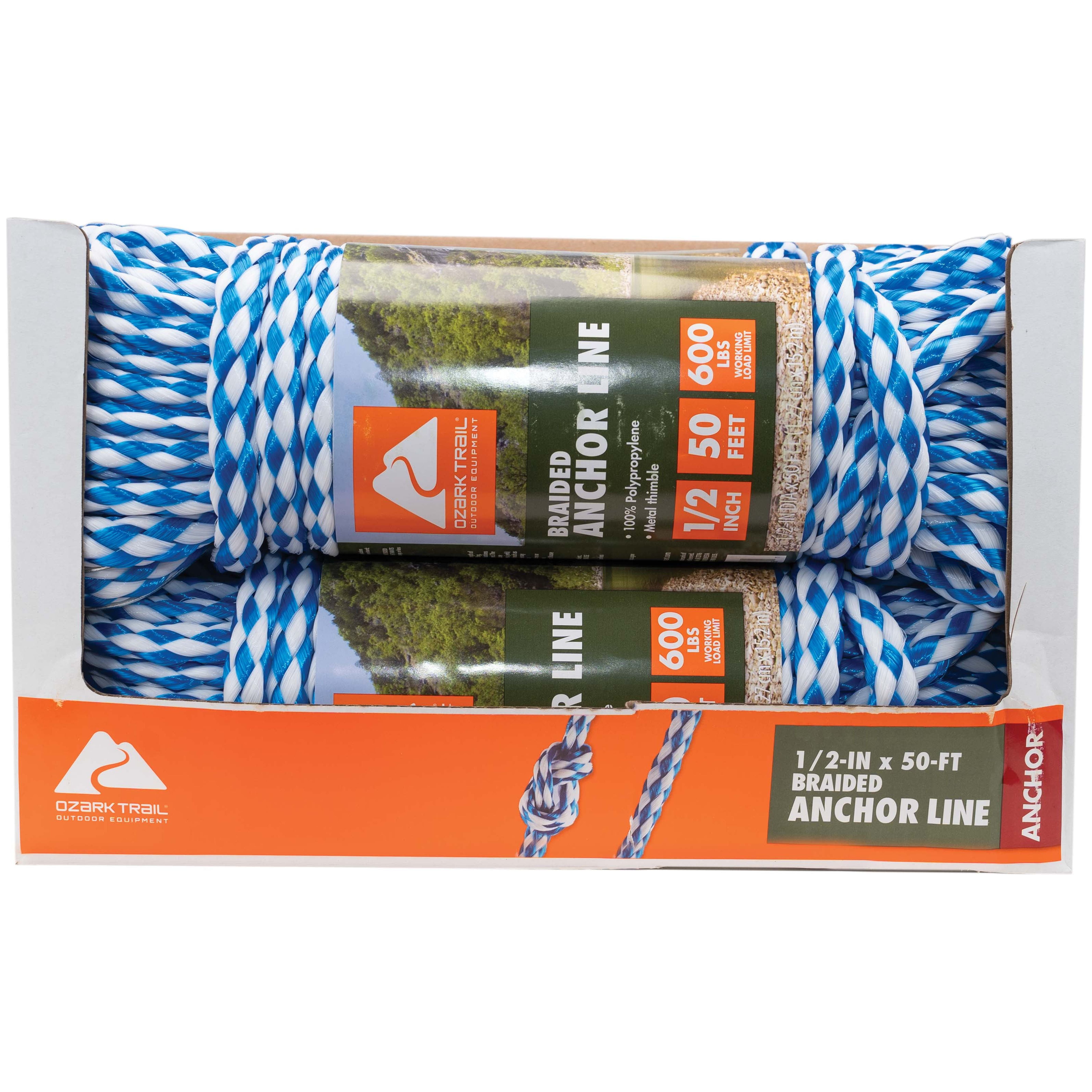 Ozark Trail 1/2 inch by 50 Foot Length Anchor Line. Polypropylene with Metal Thimble.