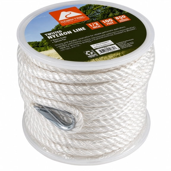 Ozark Trail 1/2 in x 100 ft Twisted Nylon Marine Anchor Line, White, 850 lb Working Load