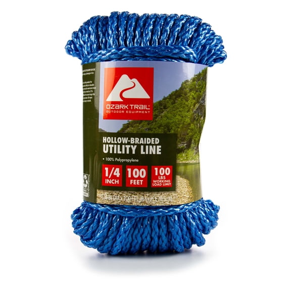 Ozark Trail Hollow-Braided Polypropylene Utility Line, 1/4 in x 100 ft, Blue, 100 lb Maximum Working Load