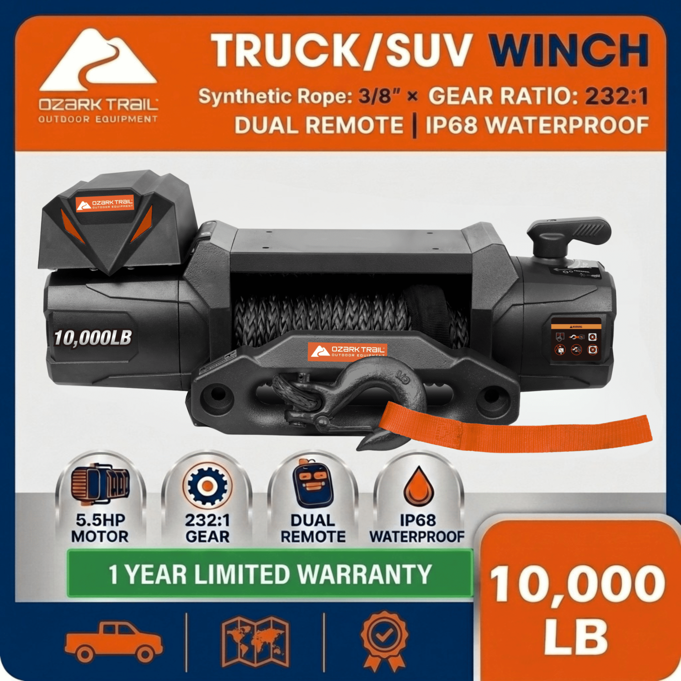 Ozark Trail 10,000 lb. Electric Truck/SUV Winch with 82 ft Synthetic Rope with Wired Remote