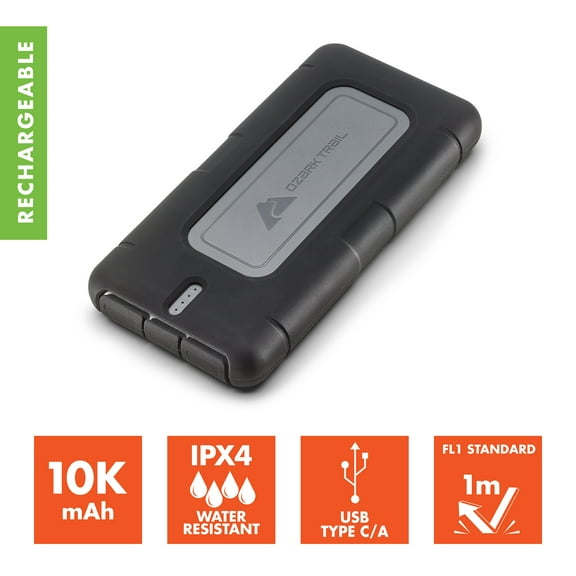 Ozark Trail 10,000 mAh Power Bank IPX4 Water-Resistant Portable Charger, Black