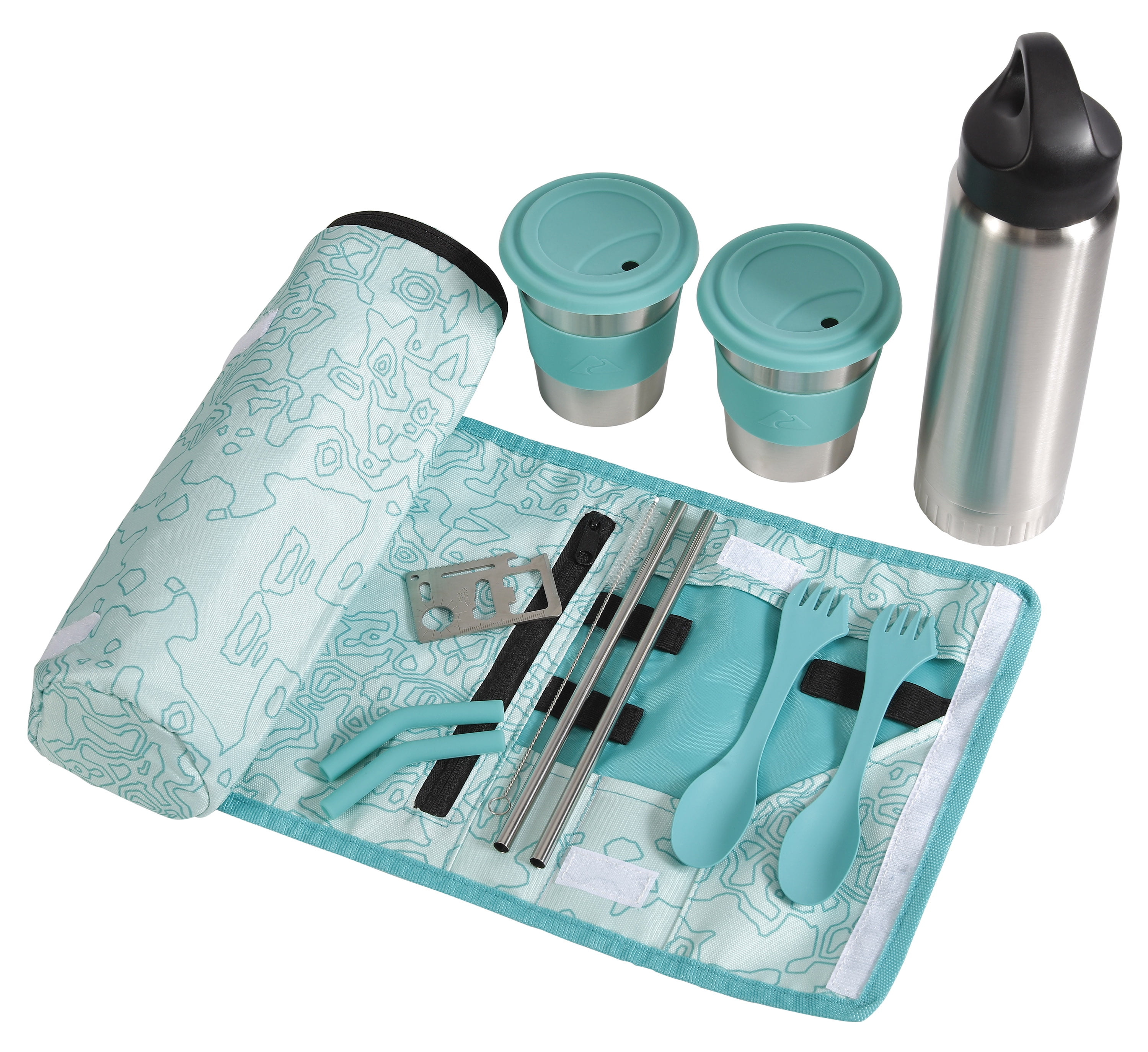 Ozark Trail 10 Piece Reusable Cutlery & Drinkware Combo Set, Aqua, 14