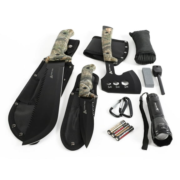 Ozark Trail 12-Pack Camping Tool Set with 180-Lumen Flashlight, 10" Machete, 4.5" Hatchet, 5" Knife, Sharpening Stone, Fire Starter, 50 Foot Utility Cord and Carabiners, Mossy Oak Dna Camo