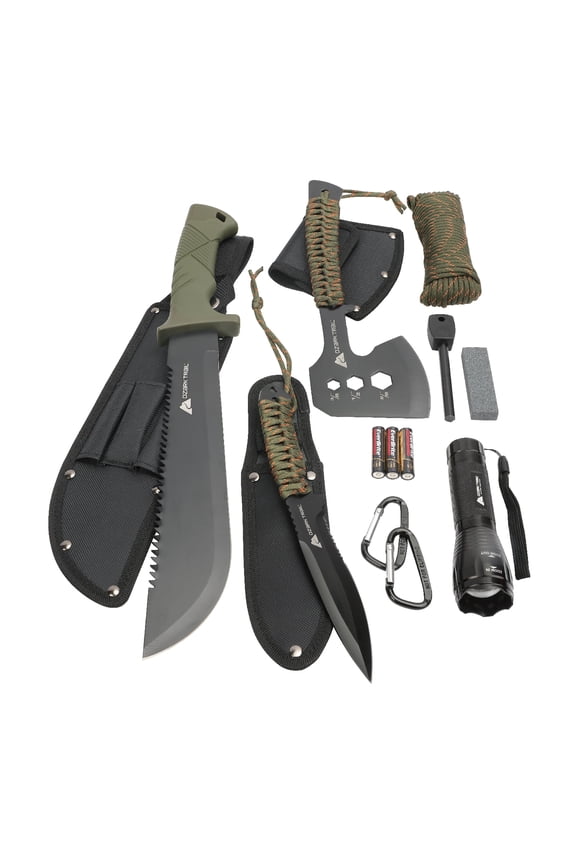 12-Pack Camping Tool Set with 180-Lumen Flashlight, 10" Machete, 4.5" Hatchet, 5" Knife, Sharpening Stone, Fire Starter, 50 Foot Utility Cord, and Carabiners