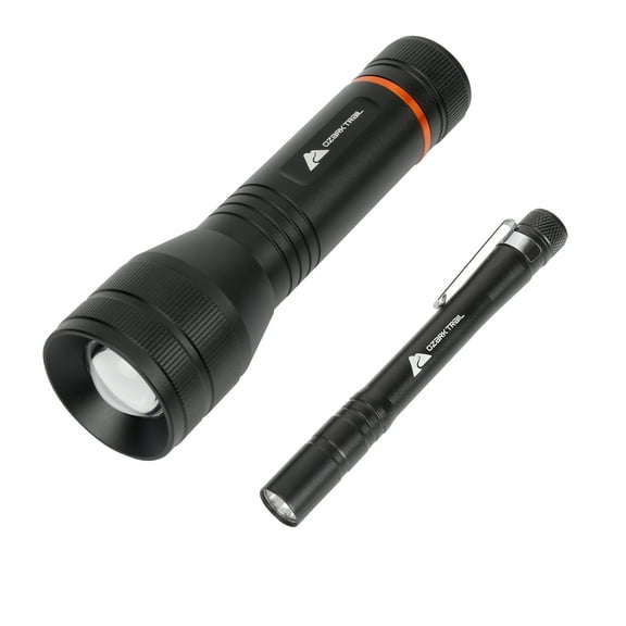 Ozark Trail 1500 Lumen Focusing Flashlight with Bonus Penlight, Waterproof, Black