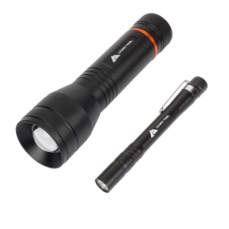 OZARK TRAIL 1500 LUMEN FOCUSING FLASHLIGHT WITH BONUS PENLIGHT, WATERPROOF, BLACK