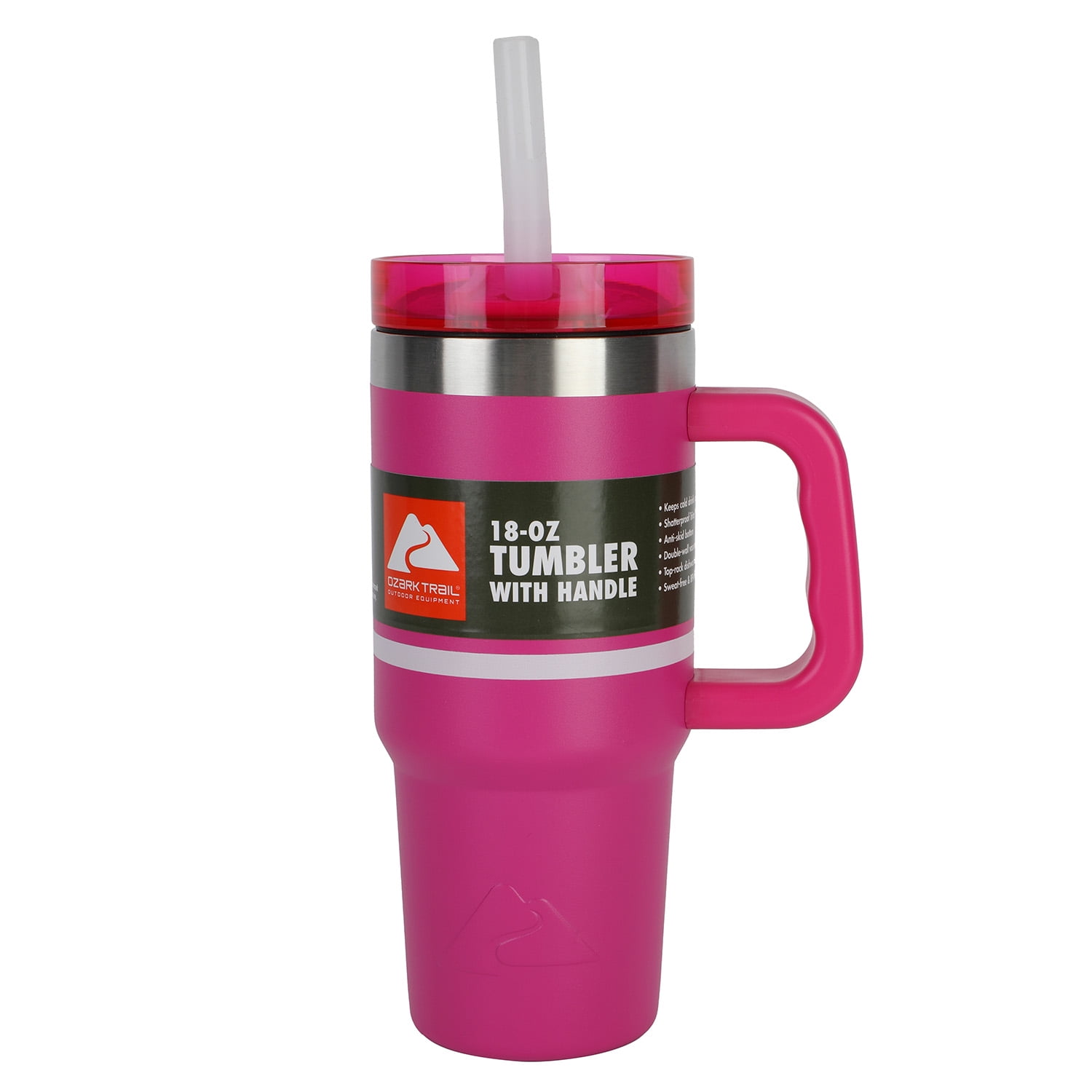 Ozark Trail 18 oz Stainless Steel Insulated Tumbler with Handle, Fuschia Burst Stripe