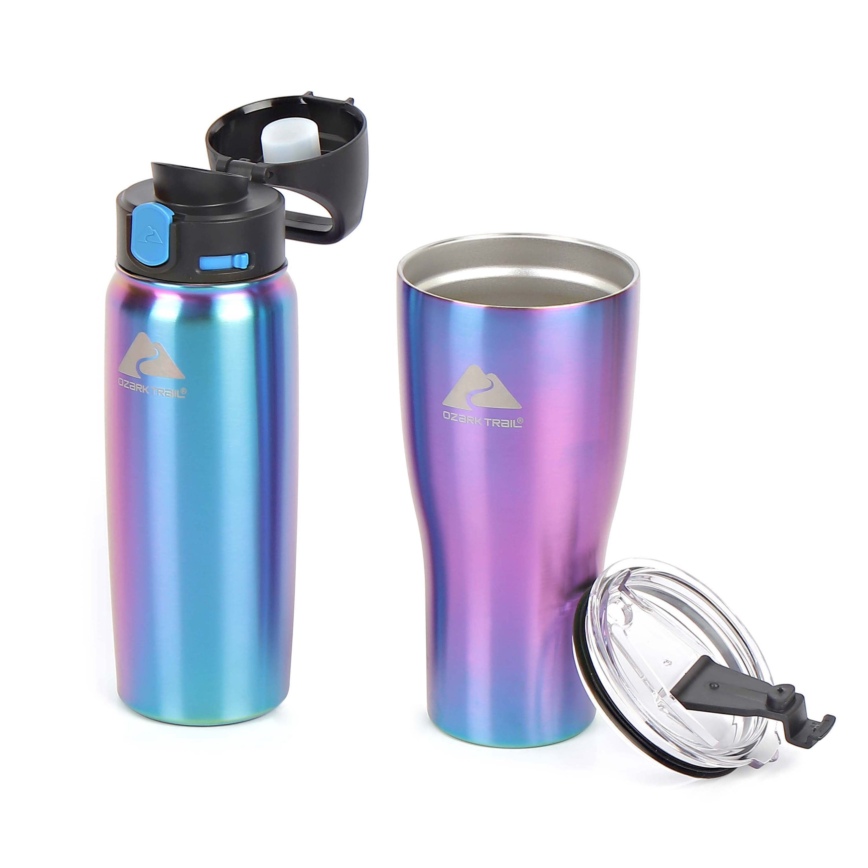 Ozark Trail 2 Pack Stainless Steel 32 oz Tumbler and 24 oz Travel Bottle Combo, Iridescent Blue