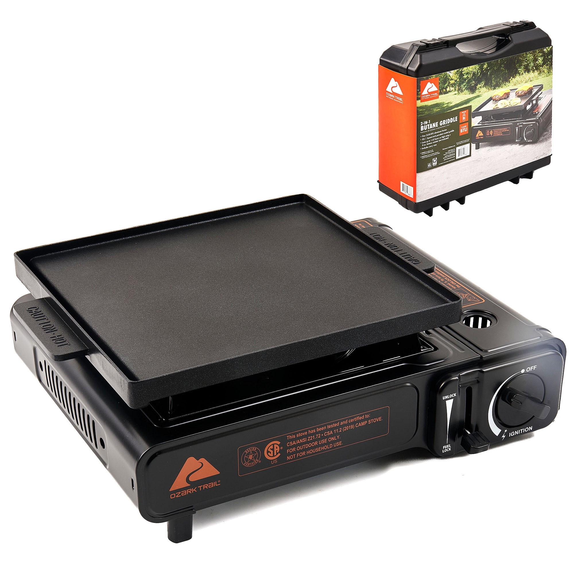 Ozark Trail 2 in 1 Butane Griddle, Black Color, 7650 BTU, Piezo-Electric 2.2kw, Cast Aluminum Griddle, Compact - Lightweight,  CSA Approved for Outdoor Cooking