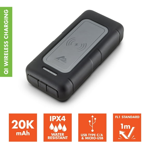 Ozark Trail 20,000 mAh Qi Wireless Water-Resistant Power Bank with Charging Pad, Black