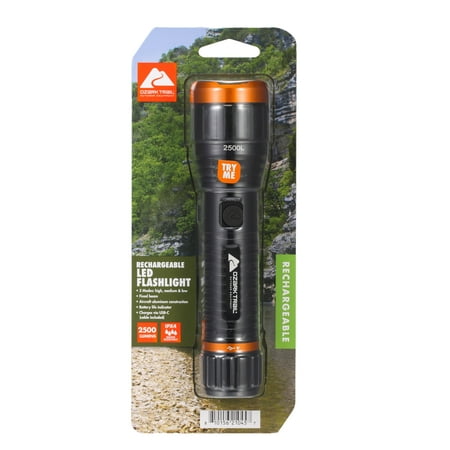 Ozark Trail LED Rechargeable Flashlight, 2500 Lumen, IPX4 Water Resistant, 10 Hour Runtime, USB-C Charging