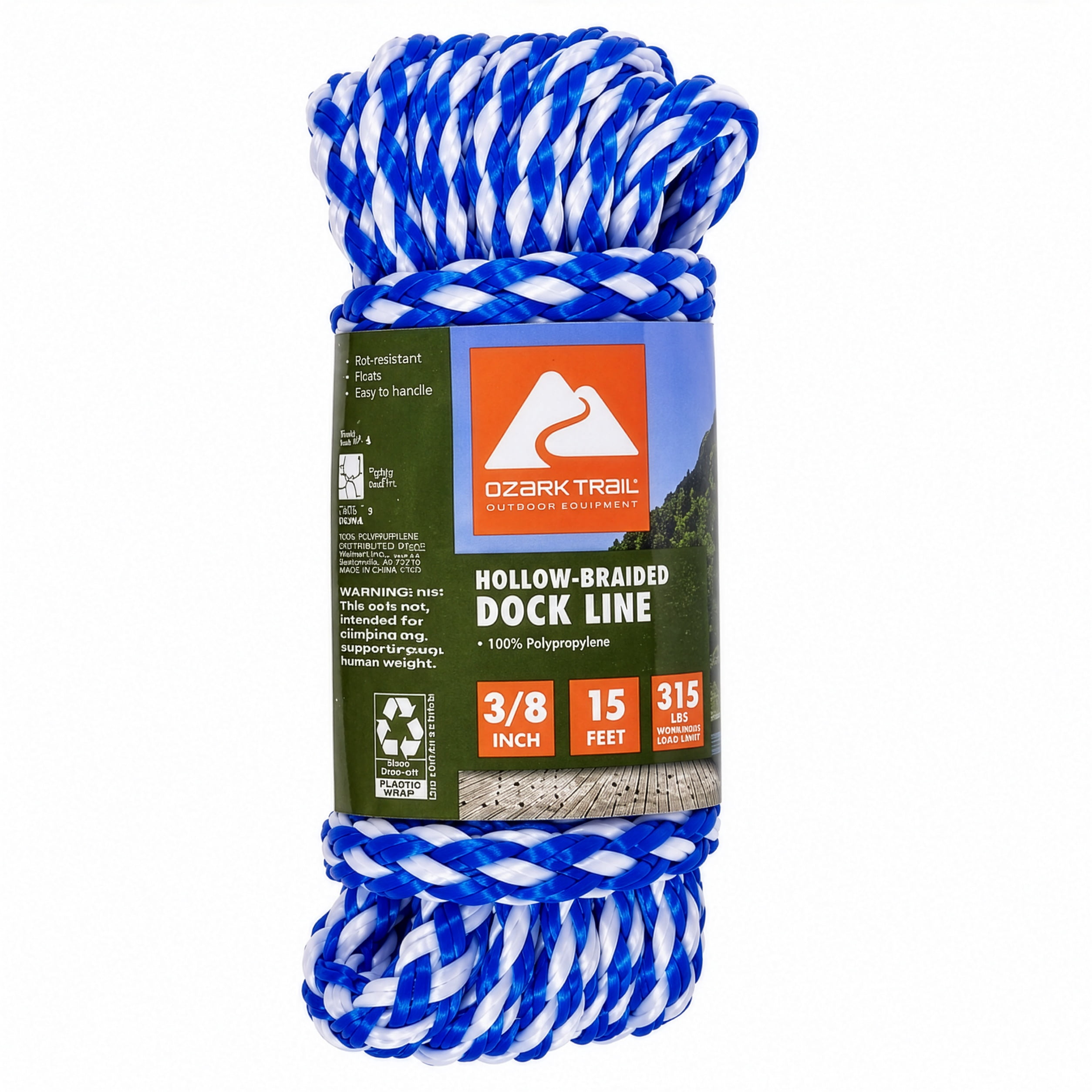 Ozark Trail Hollow-Braided Polypropylene Dock Line, 3/8 in x 15 ft, 215 lb Maximum Working Load, Blue/White