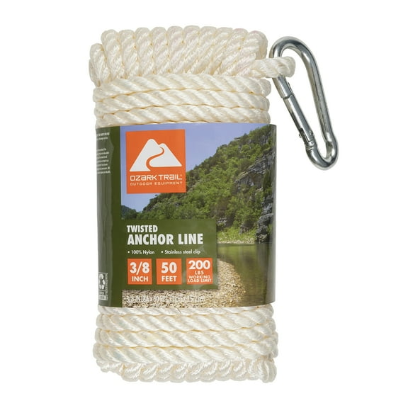 Ozark Trail 3/8"x50' Nylon Marine/Boating Twisted Anchor Line - White, 50 Foot Length.
