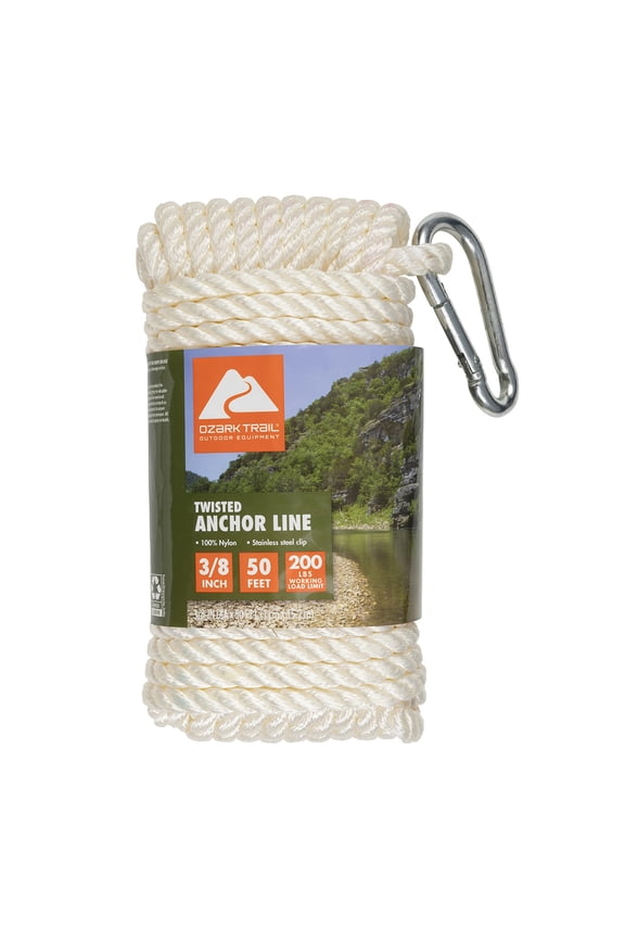 3/8"x50' Nylon Marine/Boating Twisted Anchor Line - White, 50 Foot Length.